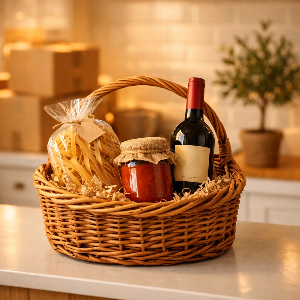 Realtor closing gift basket with dinner essentials and wine on a kitchen island among moving boxes.