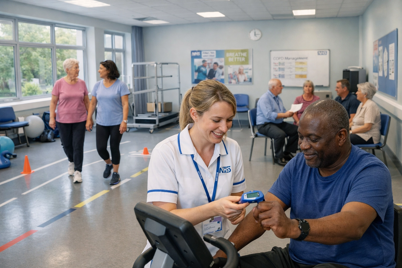 NHS community hospital pulmonary rehabilitation programme with diverse participants in physiotherapy gym