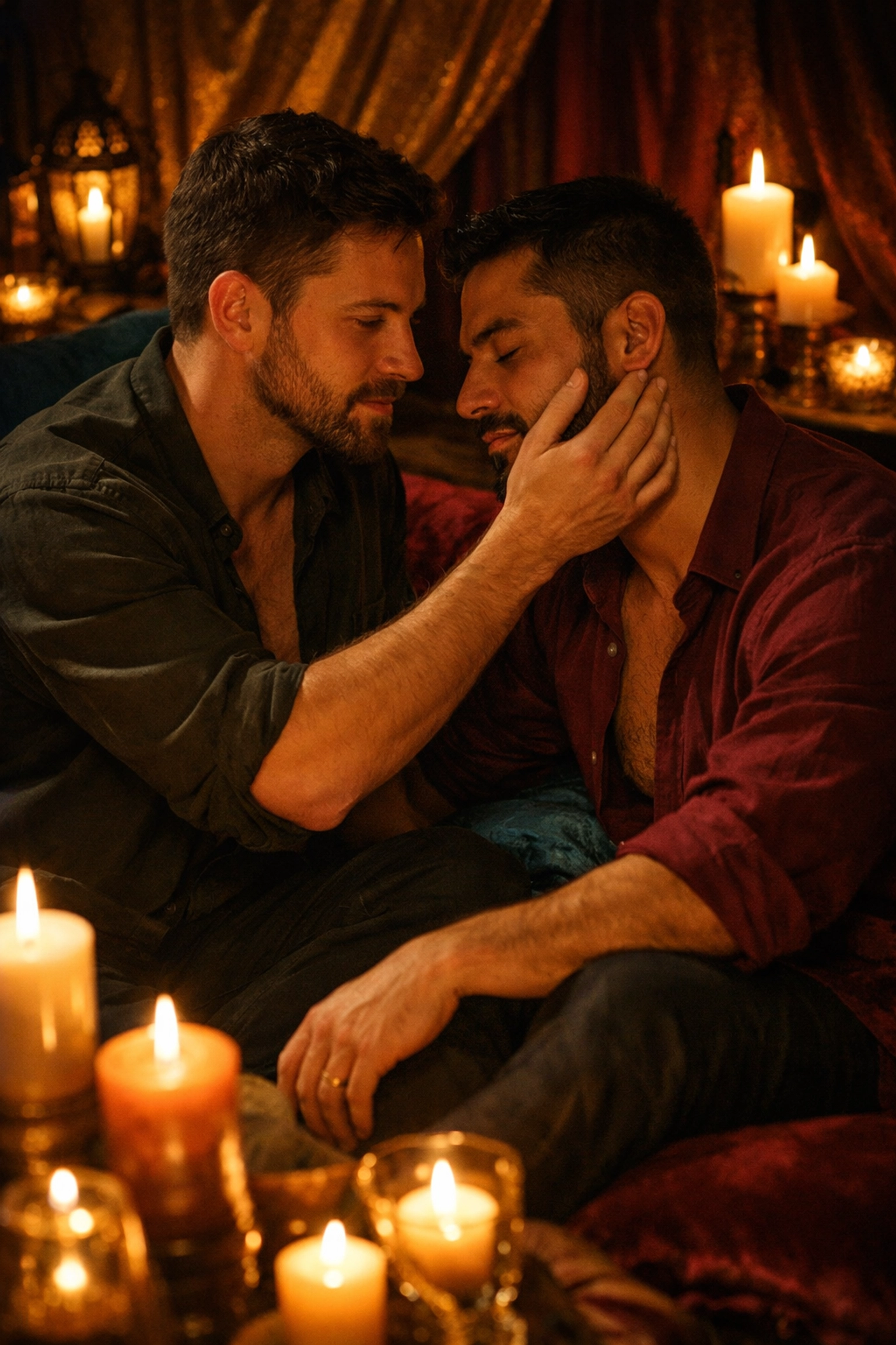 Two gay men practicing mindful communication and trust in intimate candlelit setting