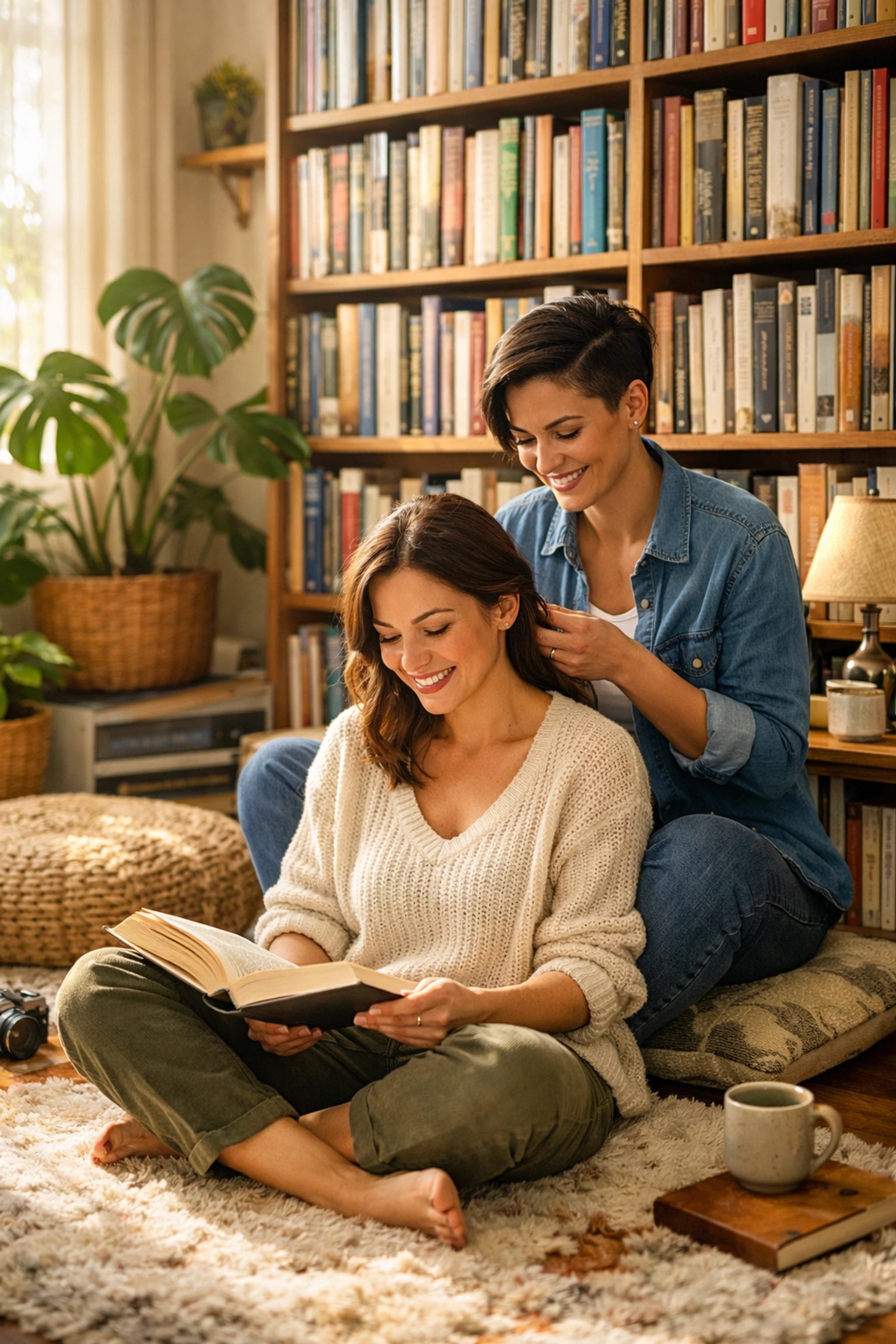 A lesbian couple sharing a moment of queer joy while reading books together in a sunlit home library.