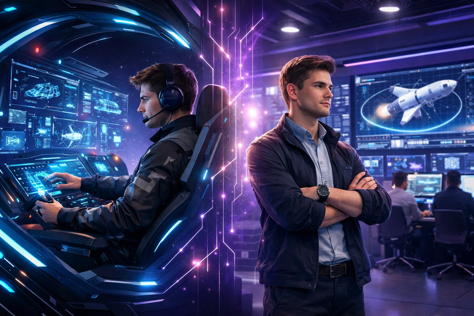 A student using an EsportsPod simulation pod transitioning into a professional aerospace engineering career.