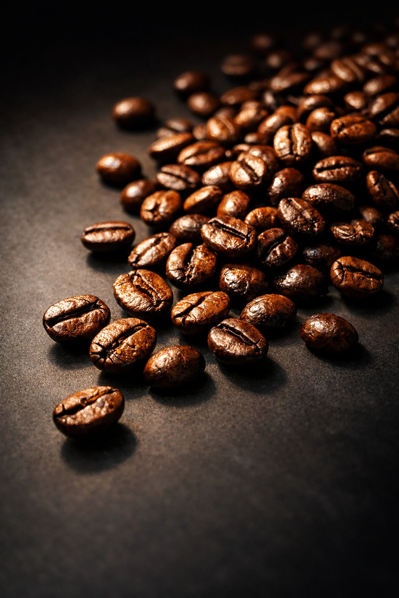 Macro shot of glistening fresh roasted coffee beans, showcasing the rich oils and quality of on-demand roasting.