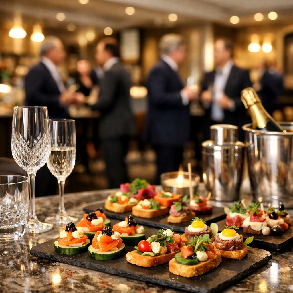 Gourmet catering in a VIP corporate lounge highlighting premium hospitality for Super Bowl brand events.