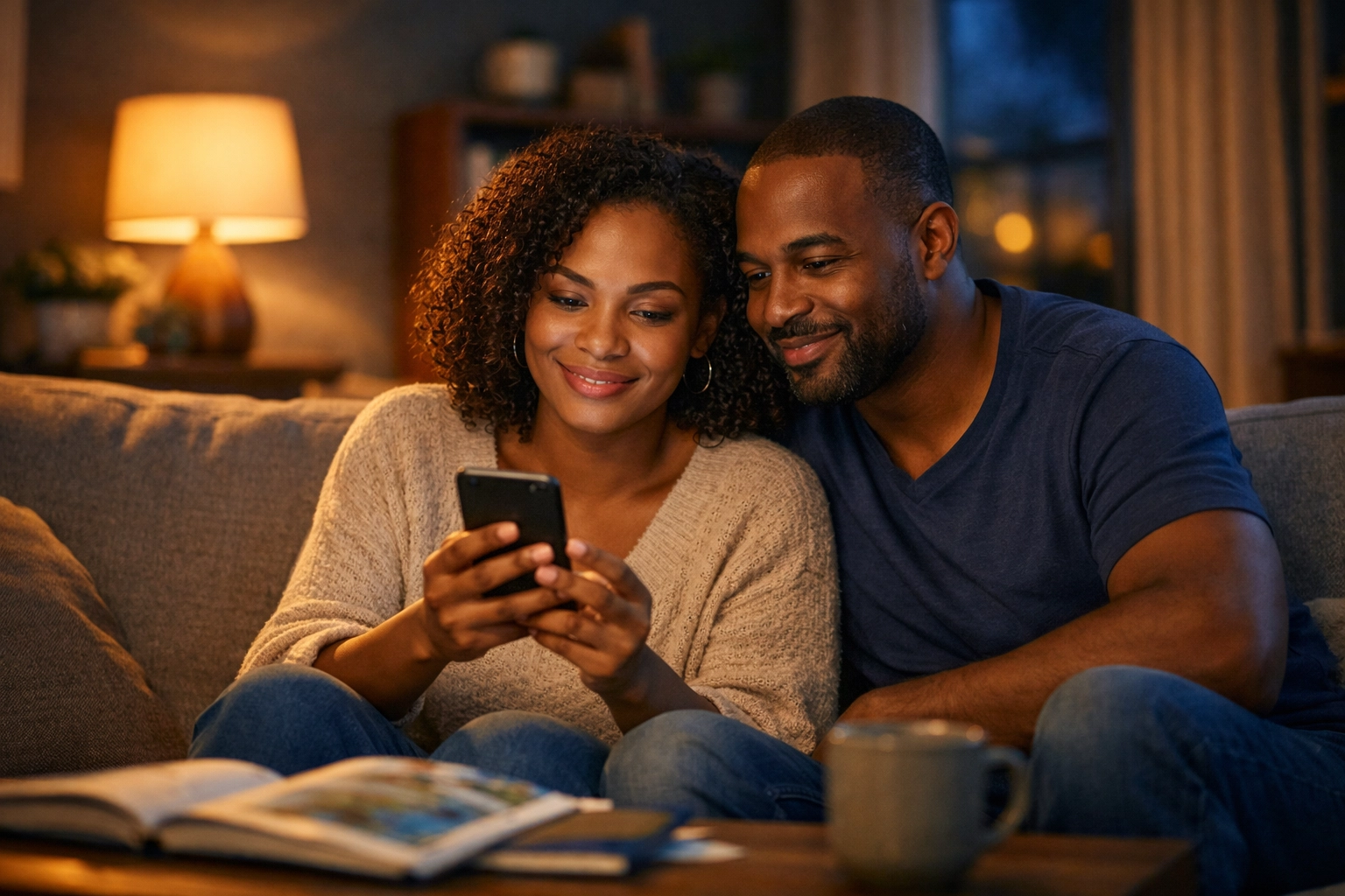 Couple browsing travel bookings on phone during evening relaxation time