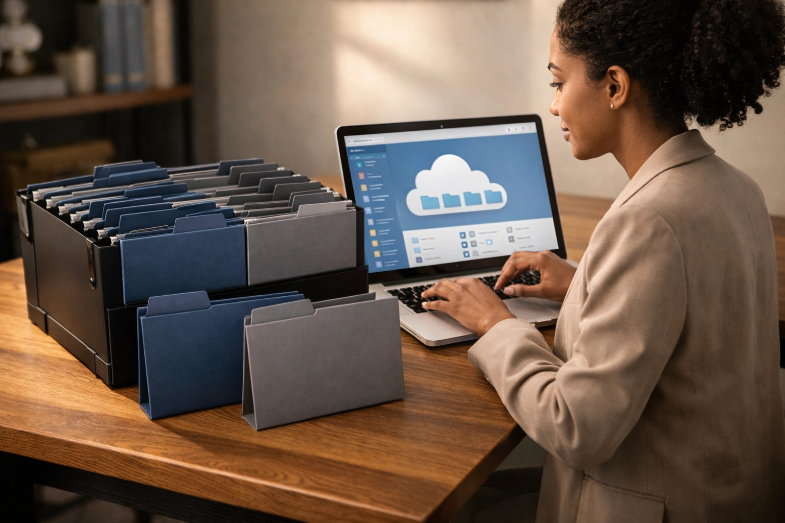 Organized file folders and laptop for tracking S corp payroll records and documentation