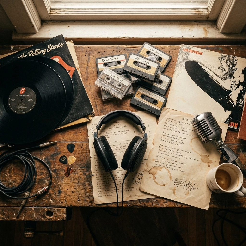 Flat lay of vinyl records, cassette tapes, headphones, and handwritten lyrics highlighting new music releases