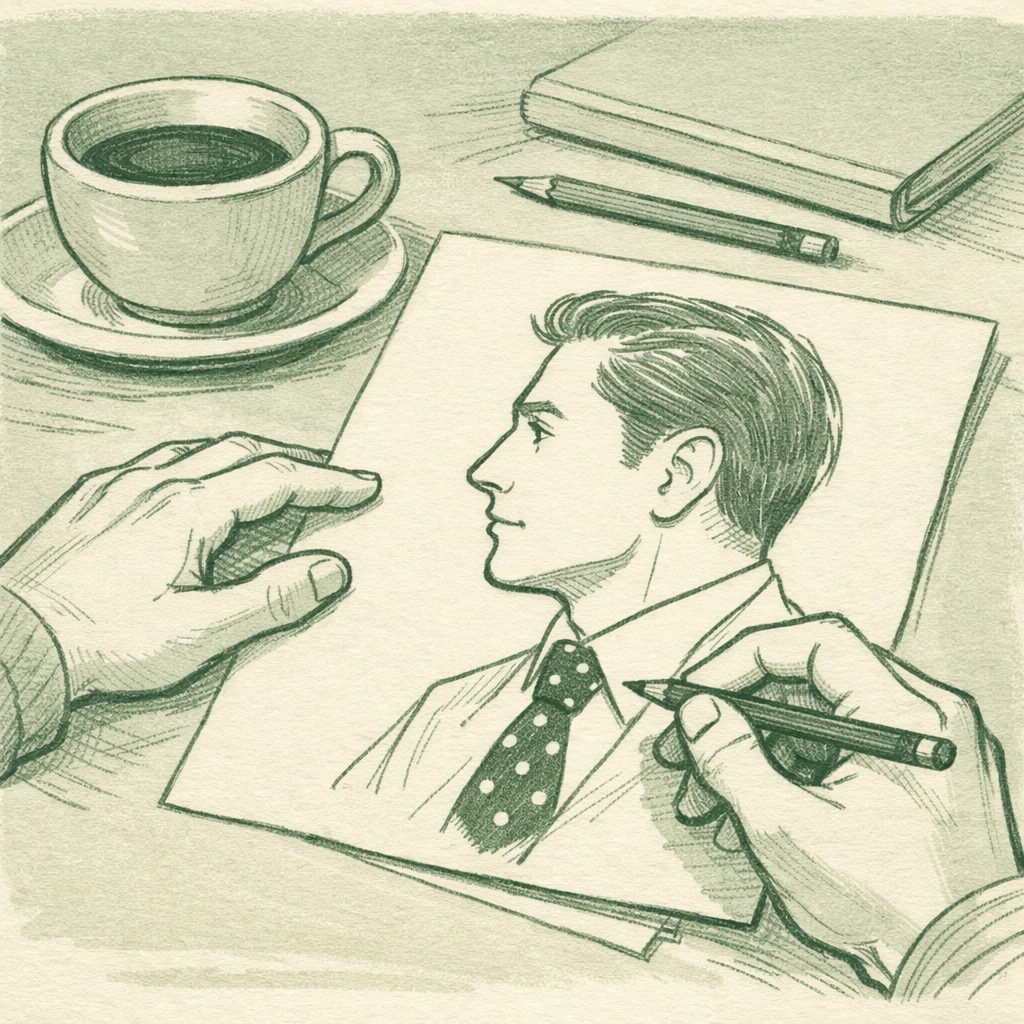 Julian sketches his dream man wearing polka-dot tie - gay love story obsession scene