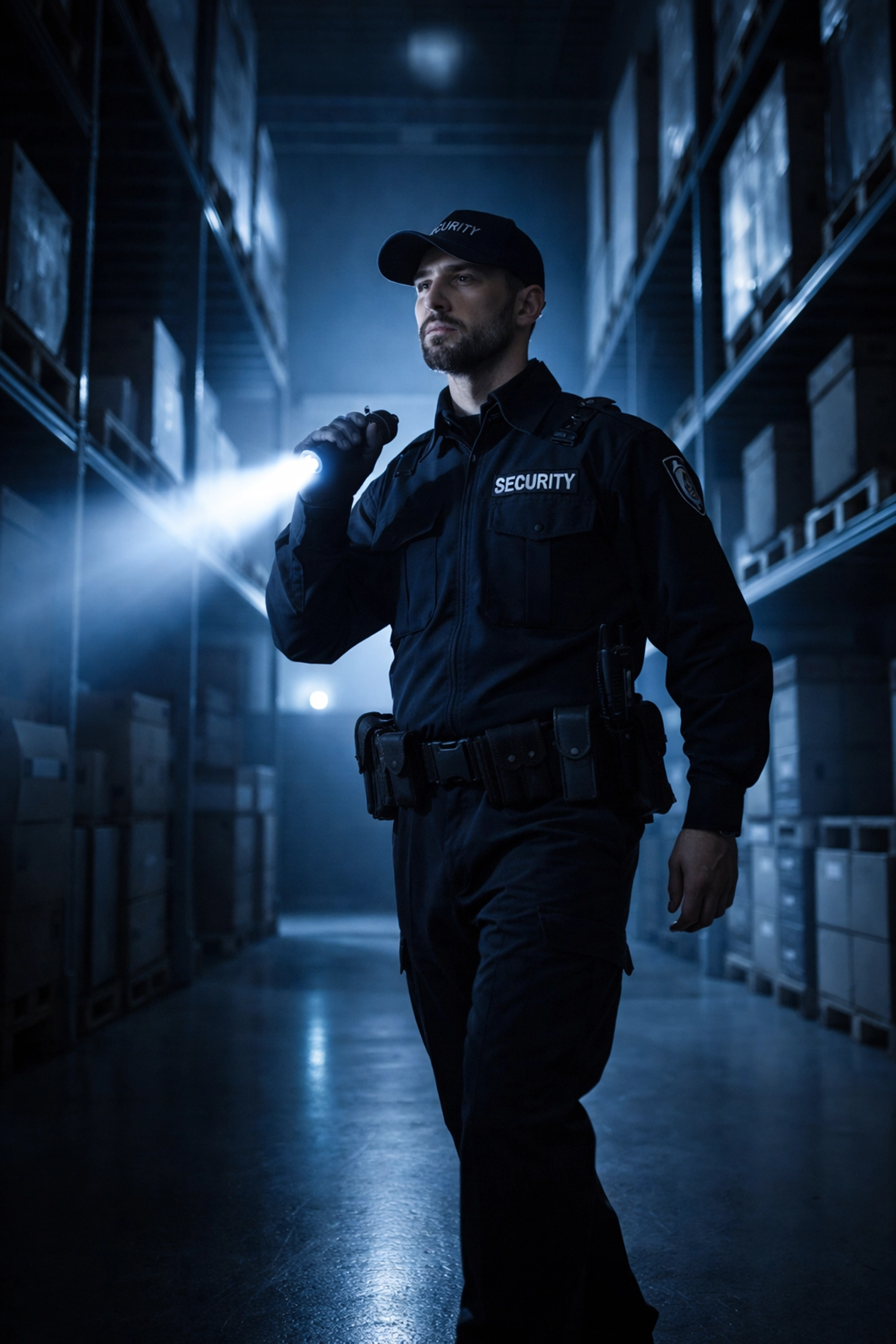 Security guard performing night fire watch patrol in warehouse, ensuring 24/7 fire safety and protection.