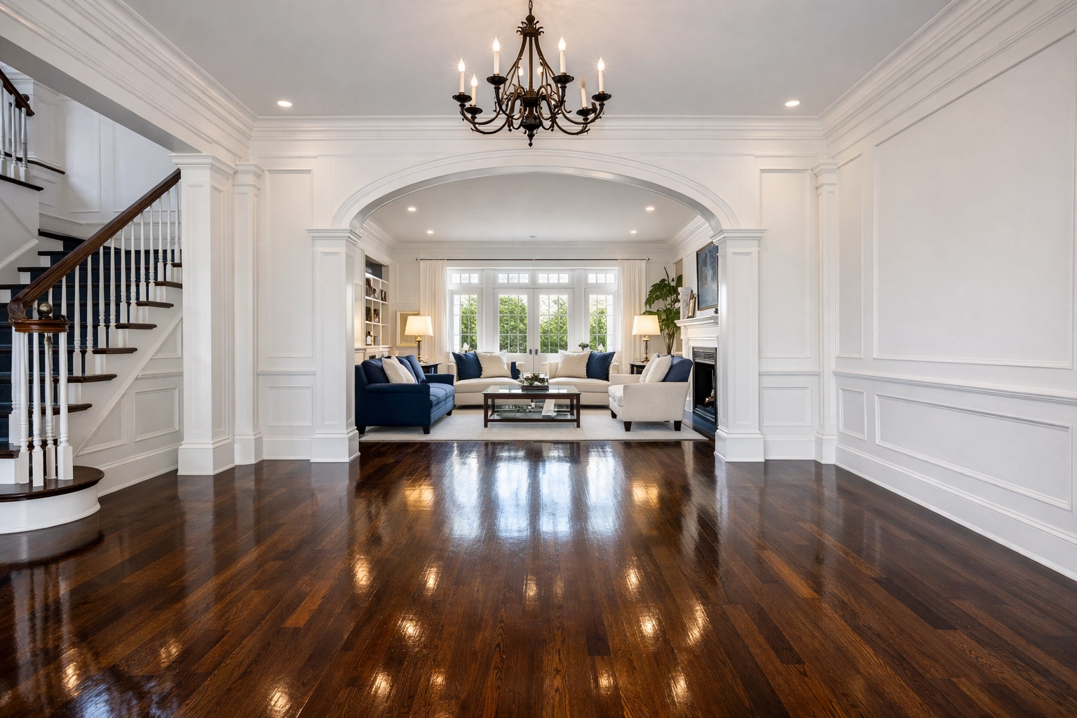 Spotless hardwood floors in a grand Weston foyer after a luxury move-in cleaning service.