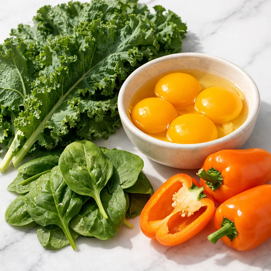 Lutein-rich foods including kale, spinach, egg yolks, and bell peppers for eye health