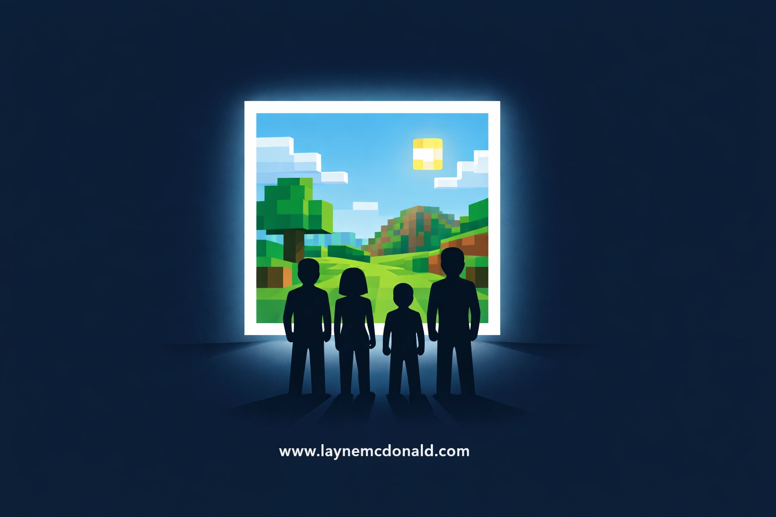 Four silhouettes entering a Minecraft Movie portal, representing the journey of faith and family courage.