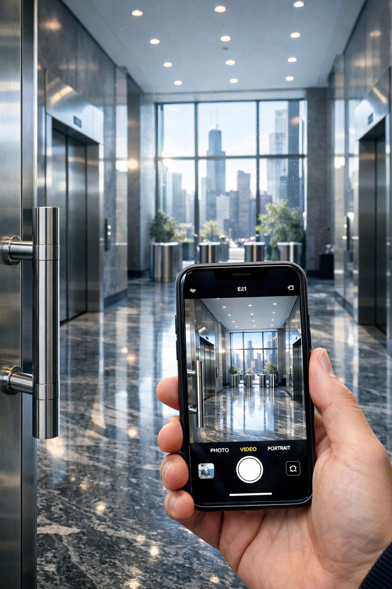 Property manager documenting office lobby condition in Chicago before cleaning contract begins