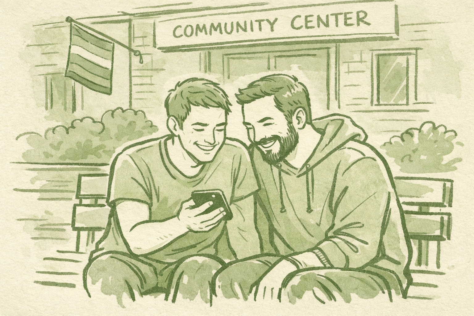 Two gay men connecting outside community center with rainbow flag, physical LGBTQ+ support