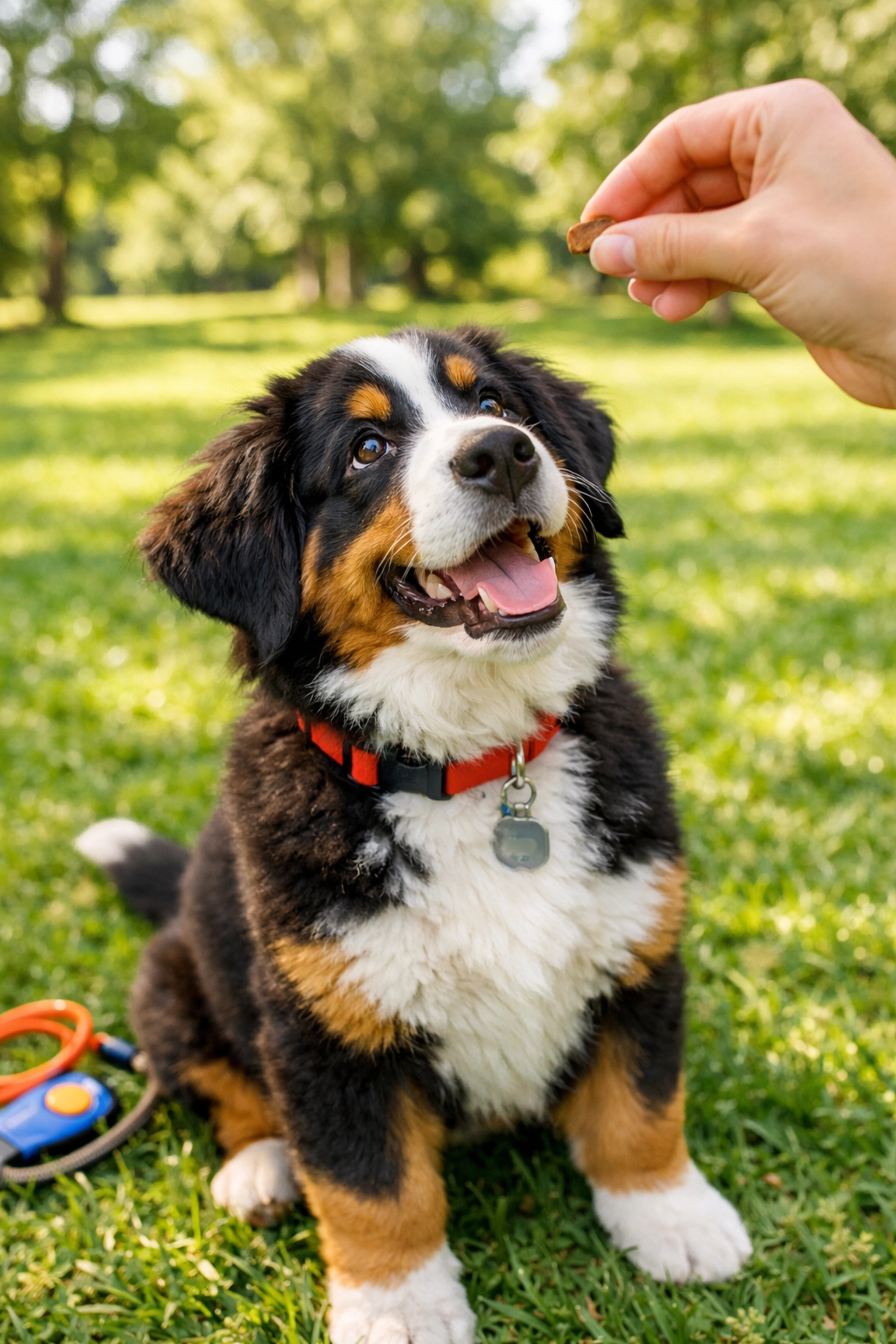 Éducation d'un Bouvier Bernois par renforcement positif avec friandise dans un parc