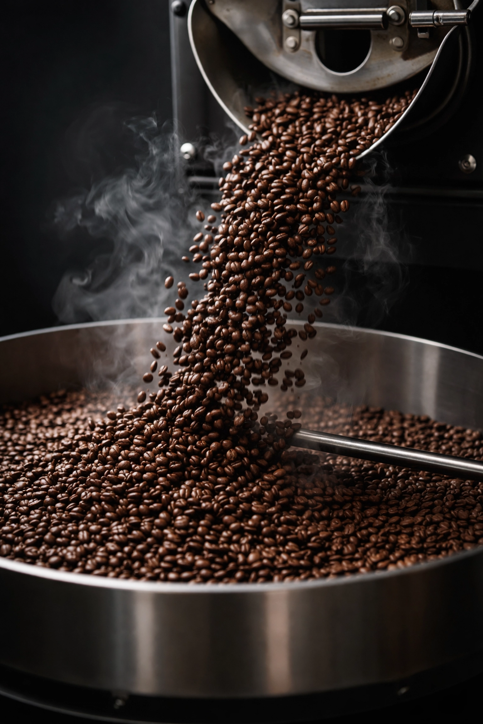 Freshly roasted specialty coffee beans pouring into cooling tray with aromatic steam rising