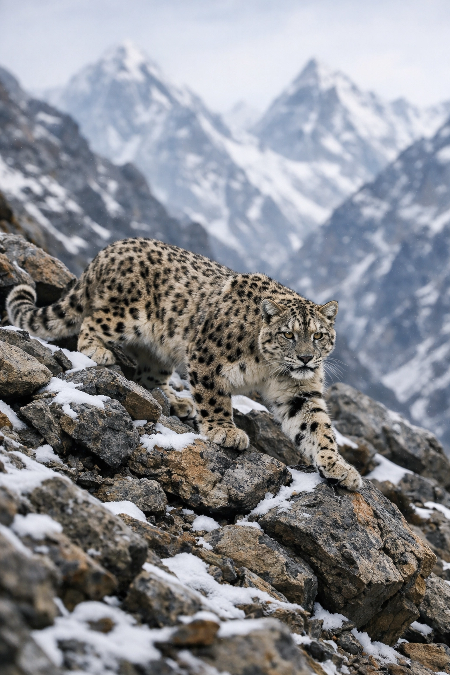 Snow leopard traversing Himalayan mountain terrain showing endangered species adaptation