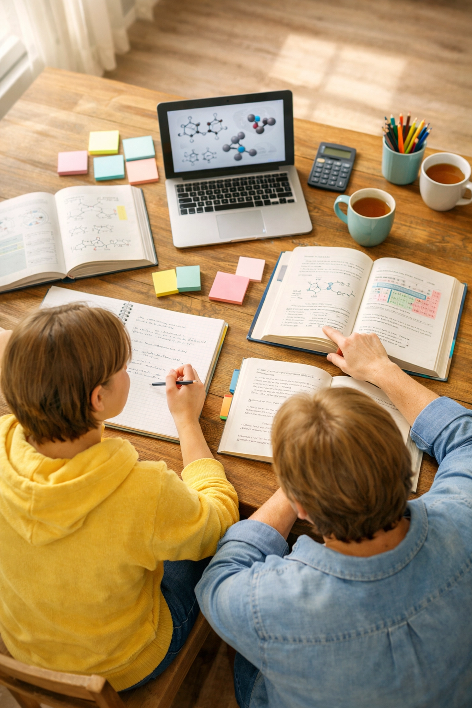 Parent and teen reviewing A-Level Chemistry notes together with chemistry tutor support