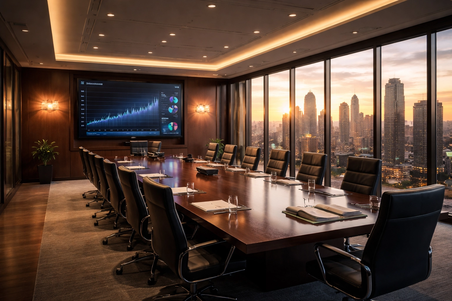 Modern boardroom in a high-rise office showing financial growth charts, reflecting strategic consulting services for financial firms