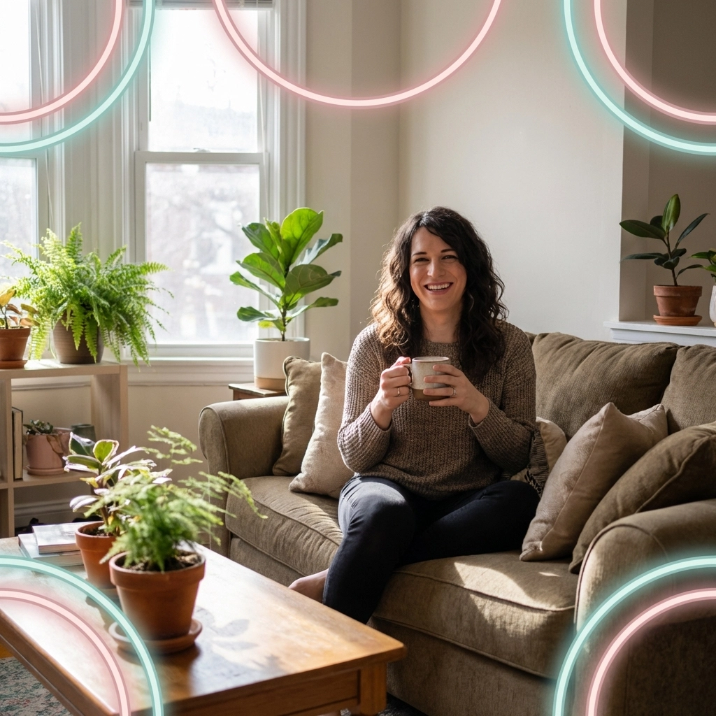 A confident trans woman with a warm smile enjoys coffee on a cozy couch, symbolizing self-acceptance and pride.