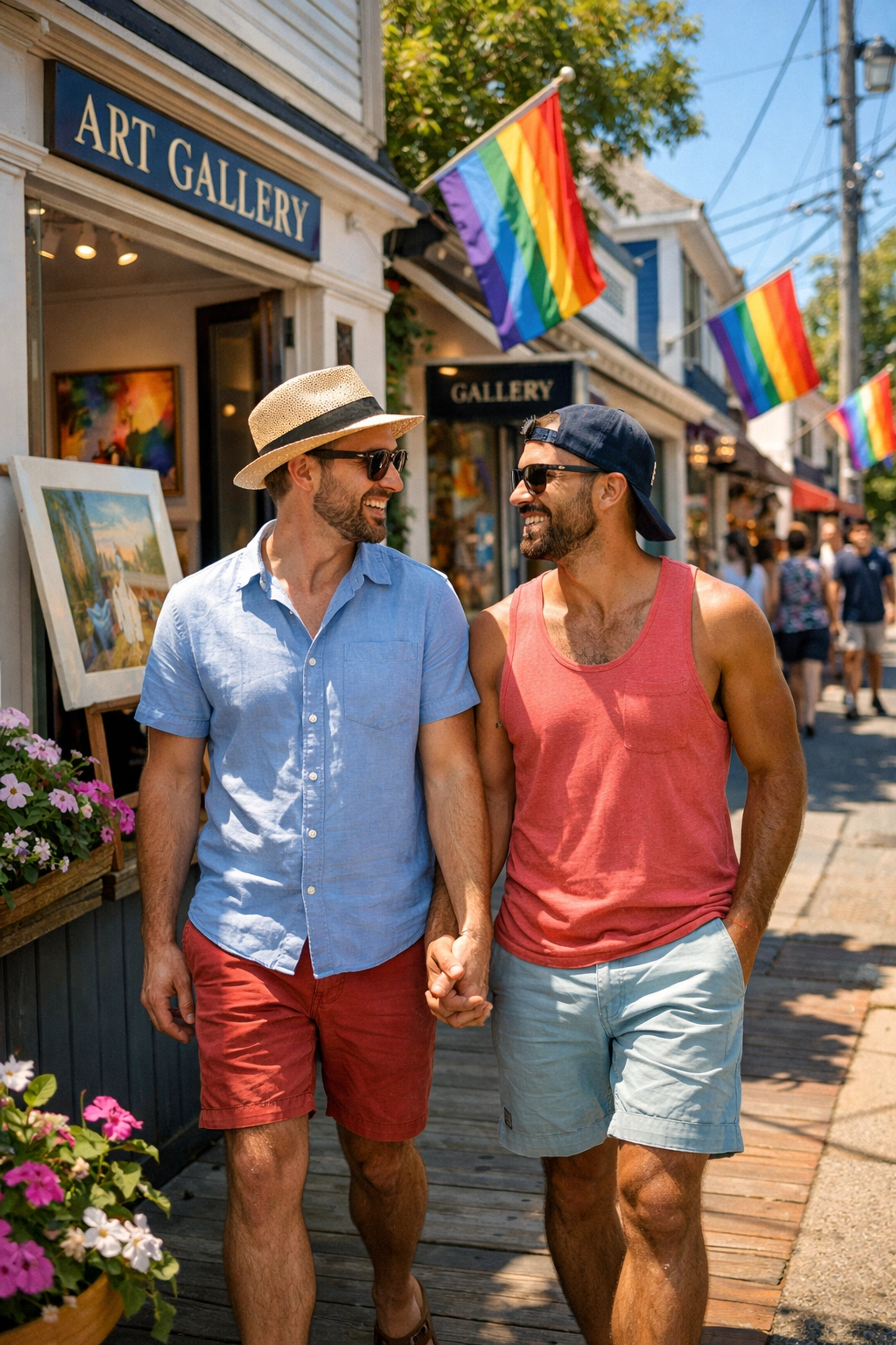 Gay couple exploring art galleries on Commercial Street in Provincetown Massachusetts