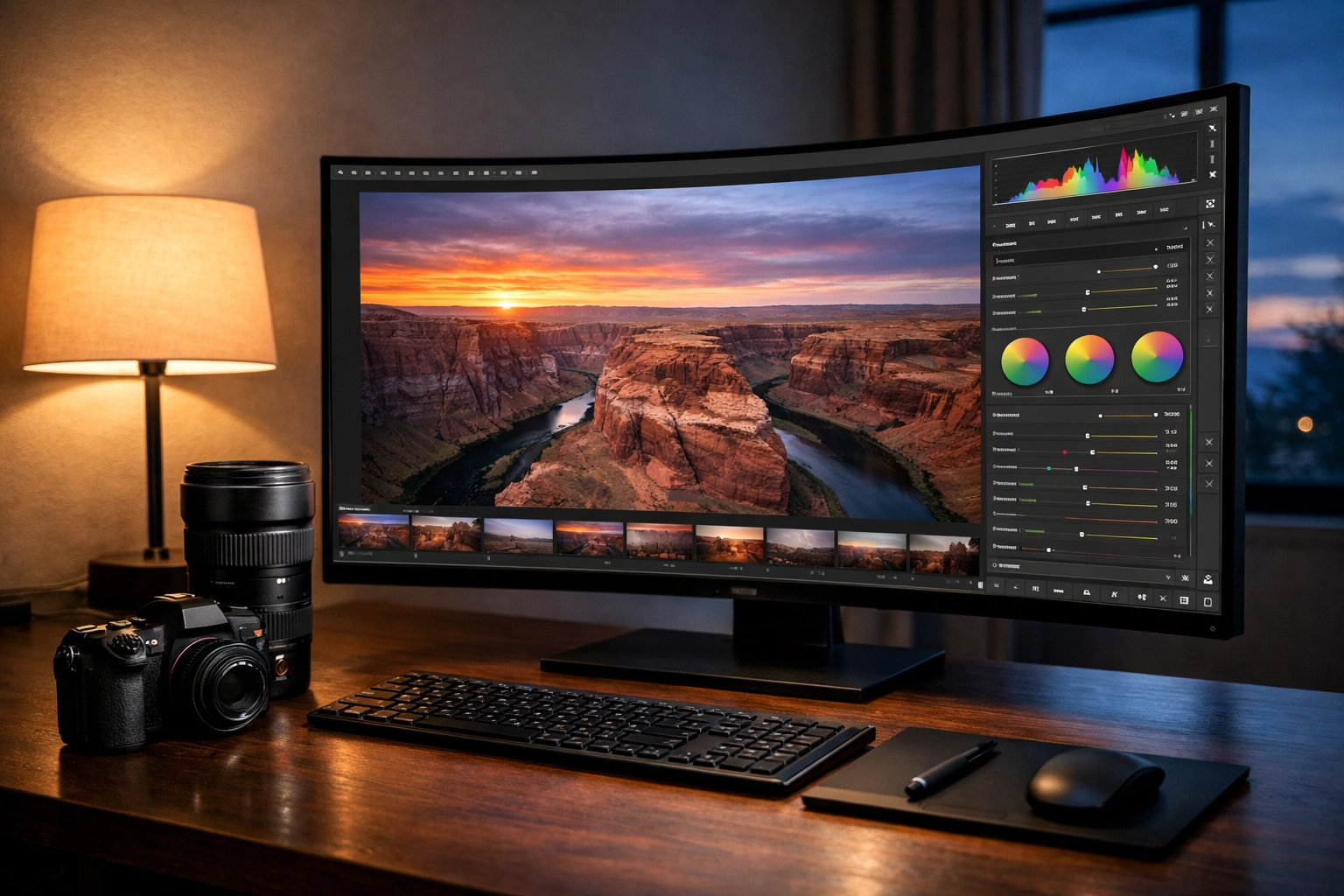 Professional photography editing workspace with a flagship mirrorless camera and high-resolution monitor.