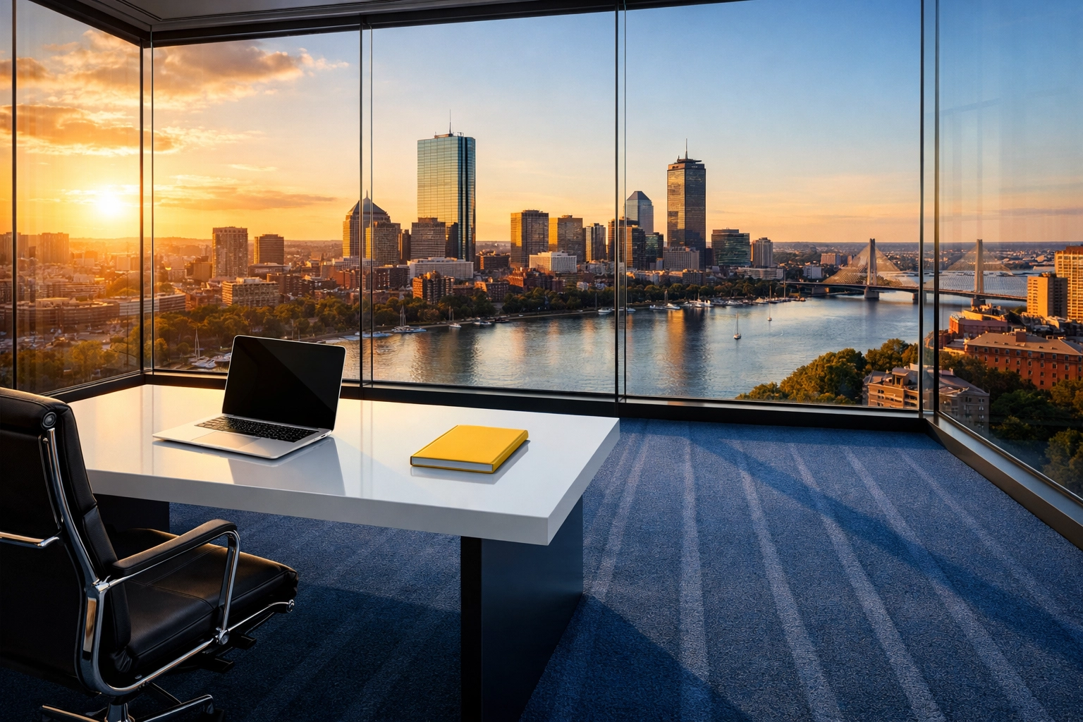 Pristine executive office with a clean white desk and perfectly vacuumed deep cleaning floors.