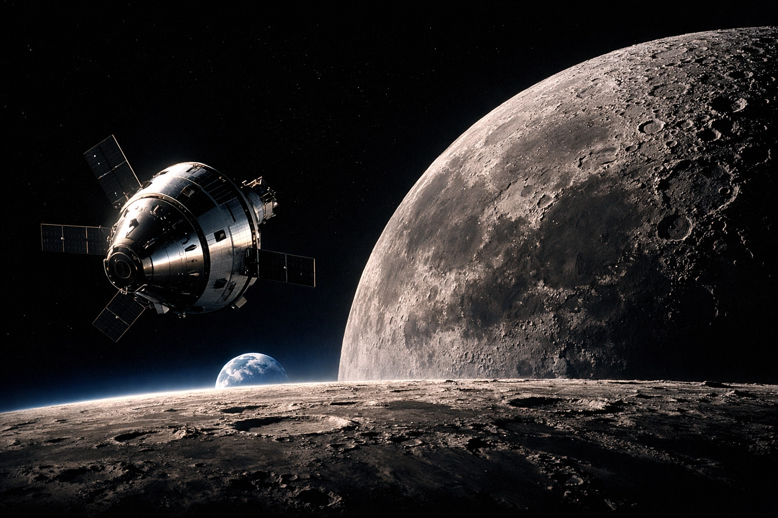 Orion spacecraft orbiting the moon as part of the Artemis II mission for future holidays in space.