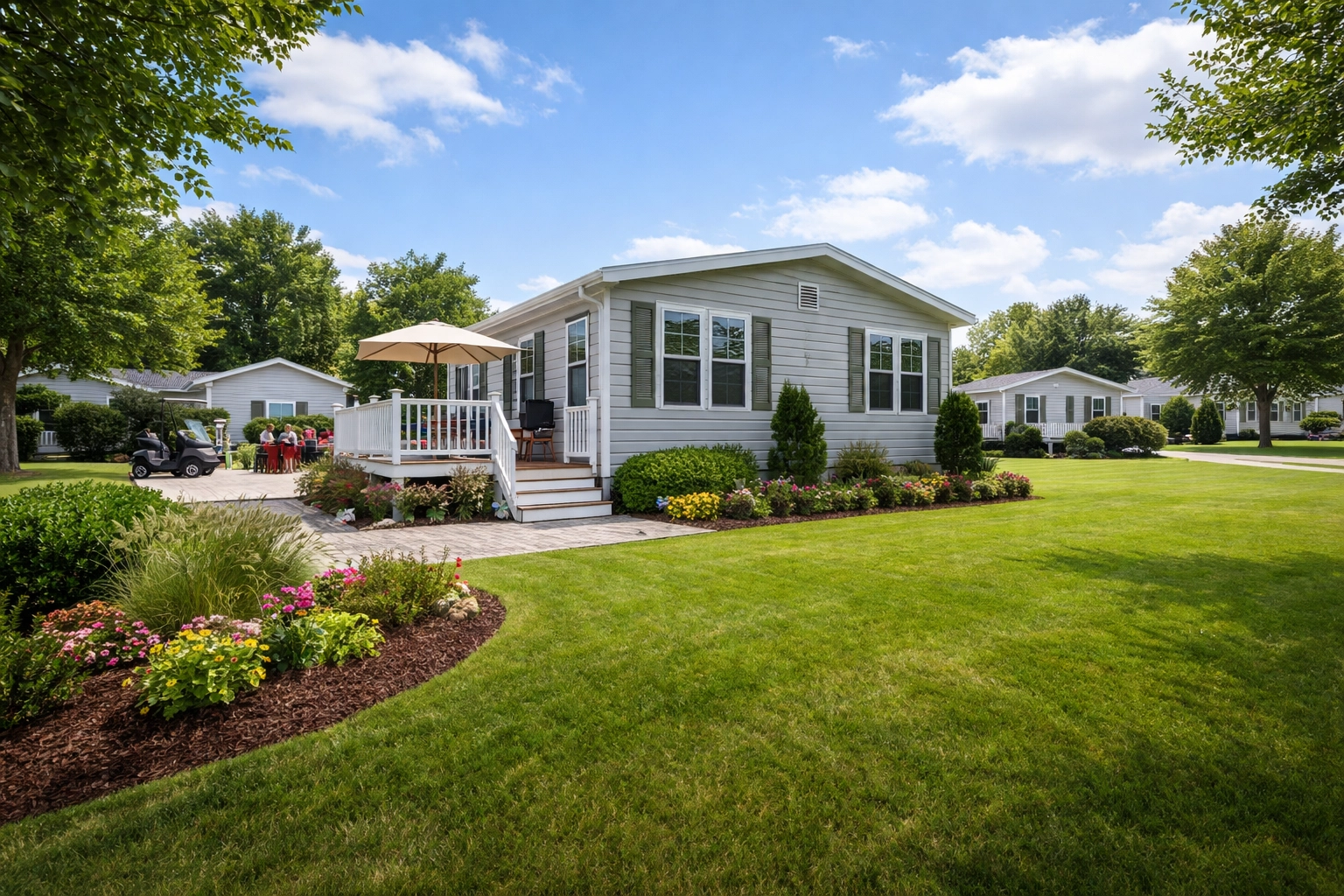 Spacious manufactured home lot with a large yard and family enjoying a barbecue