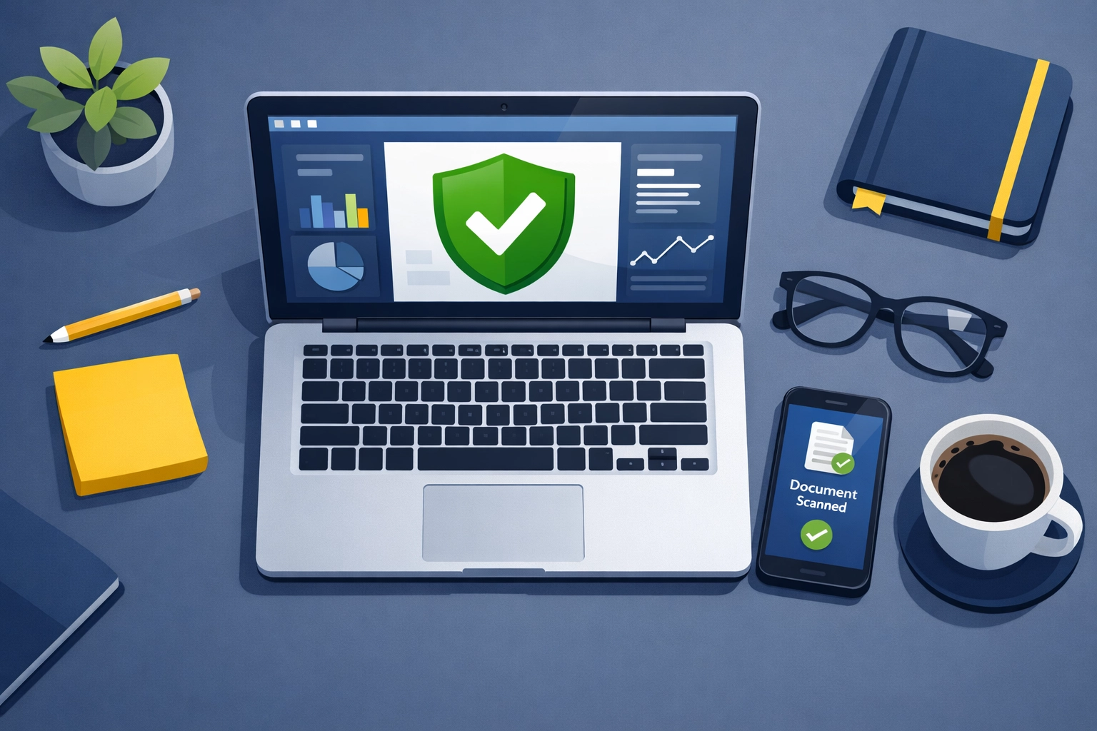 Secure workspace with a laptop and phone for remote tax document upload and virtual filing.