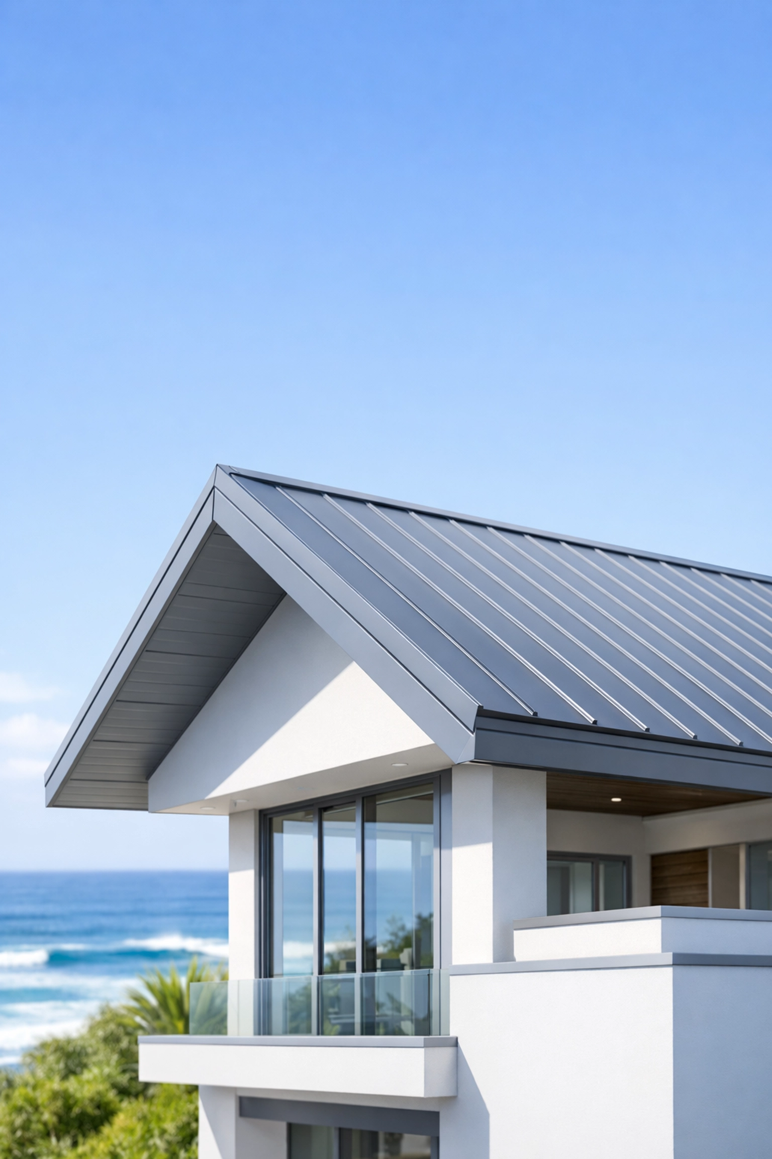 Durable metal roofing on a Northern Beaches coastal home designed for high salt resistance.
