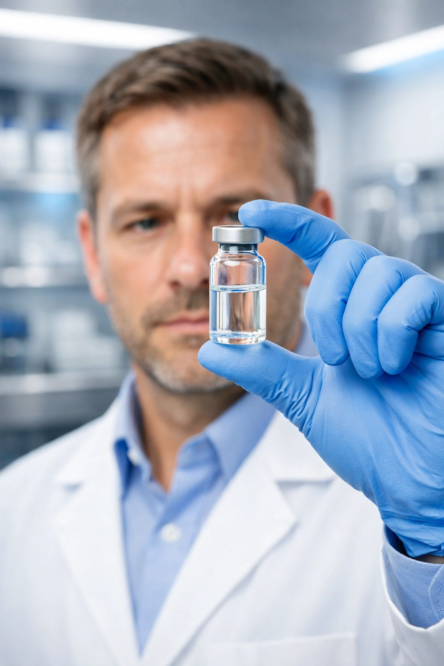 Pharmacist inspecting a vial of compounded semaglutide, a reliable Wegovy substitute for weight management.