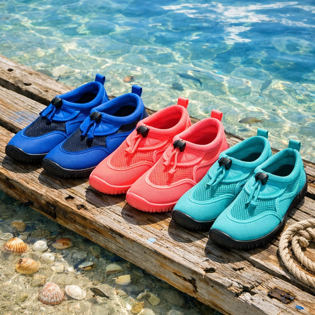 Colorful water shoes on dock for Florida boat tour adventure