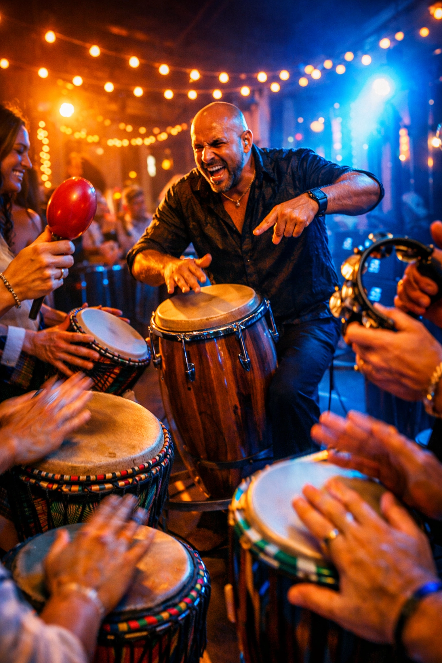 Professional dancers competing in wedding dance battle while guests watch and cheer