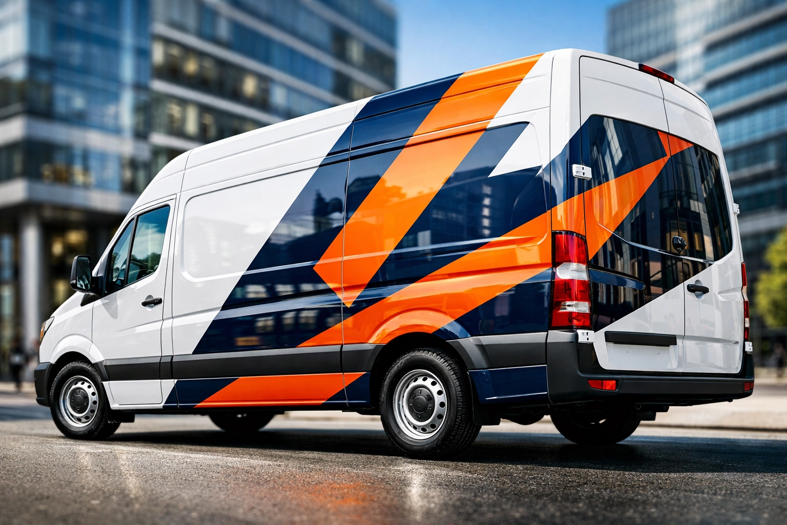 Custom partial vehicle wrap on a professional cargo van with vibrant navy and orange branding graphics.