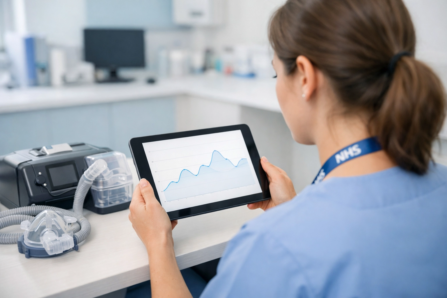 Clinician reviewing patient data on a tablet, demonstrating digital monitoring within NHS respiratory services.