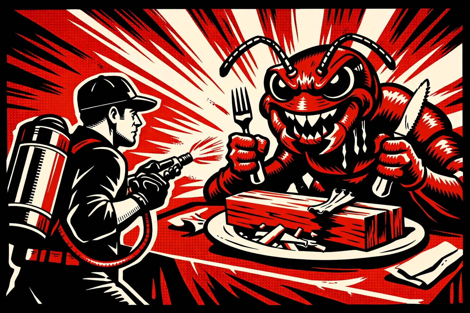 Retro pop art showing a technician performing termite control in Walker County to stop structural home damage.