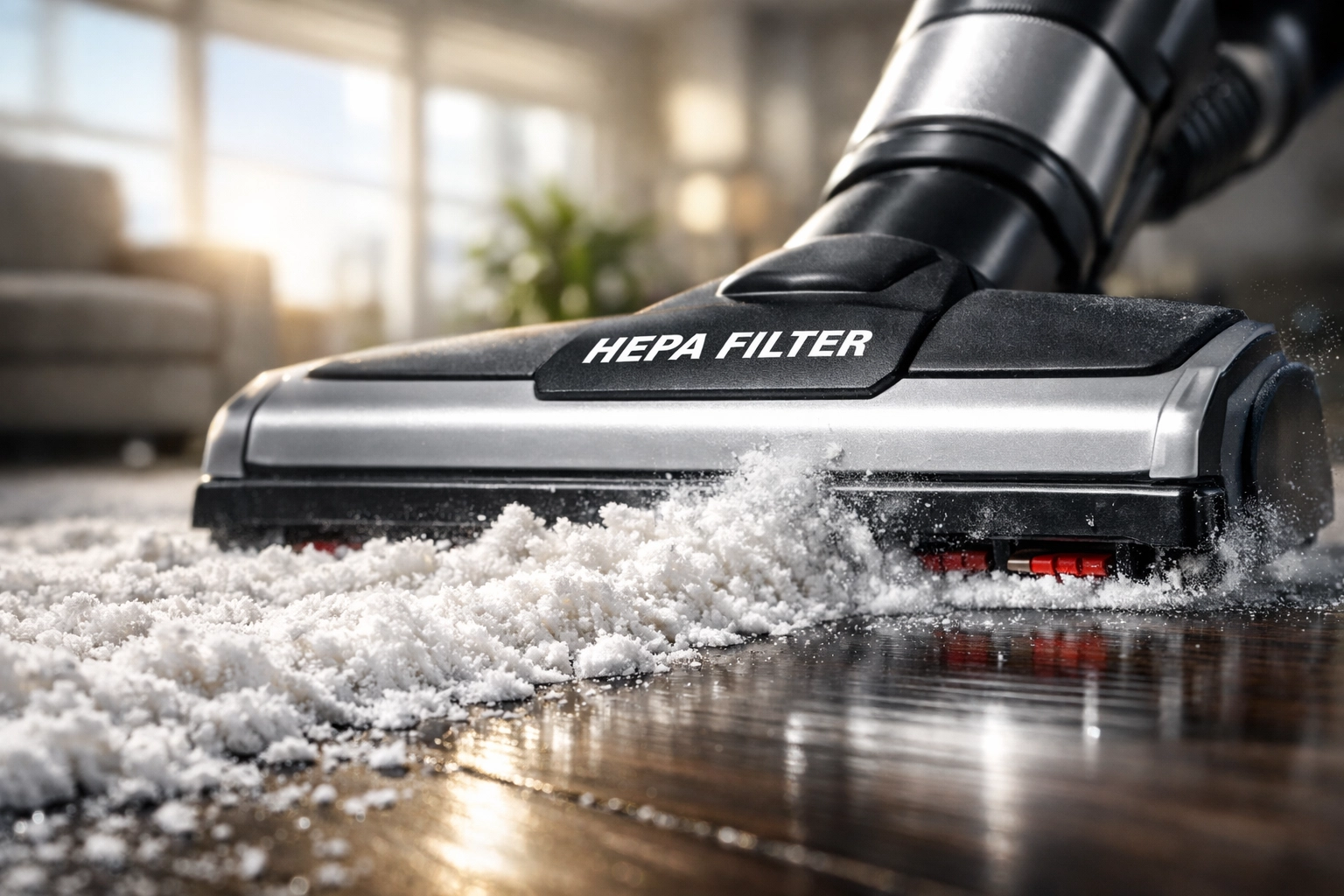HEPA vacuum removing drywall dust from polished hardwood floors during a post-construction final clean.