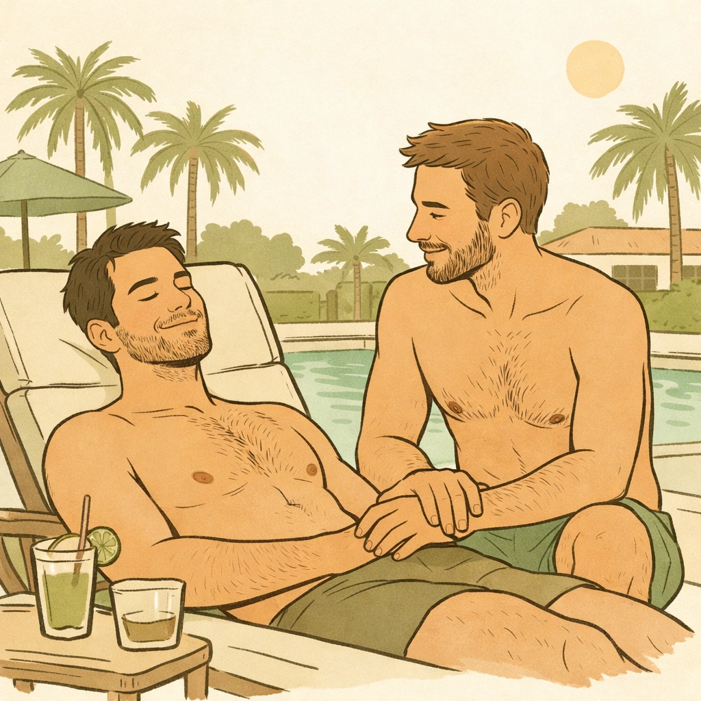 Gay couple relaxing poolside at Cypress Cove nudist resort in Florida