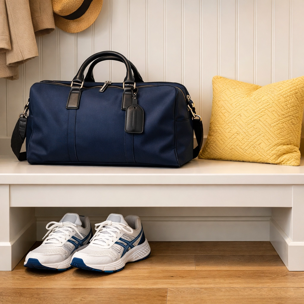 A clean navy gym bag and running shoes organized in a bright, odor-free home entryway.