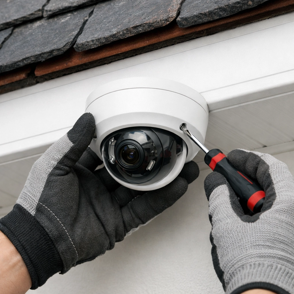 Close-up of a security engineer installing a dome CCTV camera on a house in Emsworth.