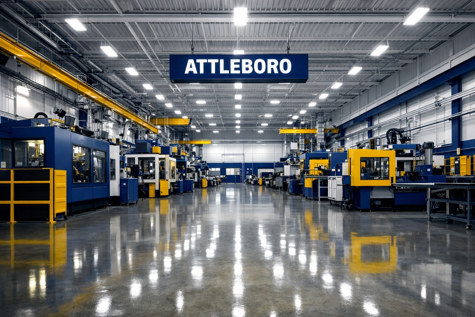 Clean industrial manufacturing facility in Attleboro with polished concrete floors and spotless machinery.