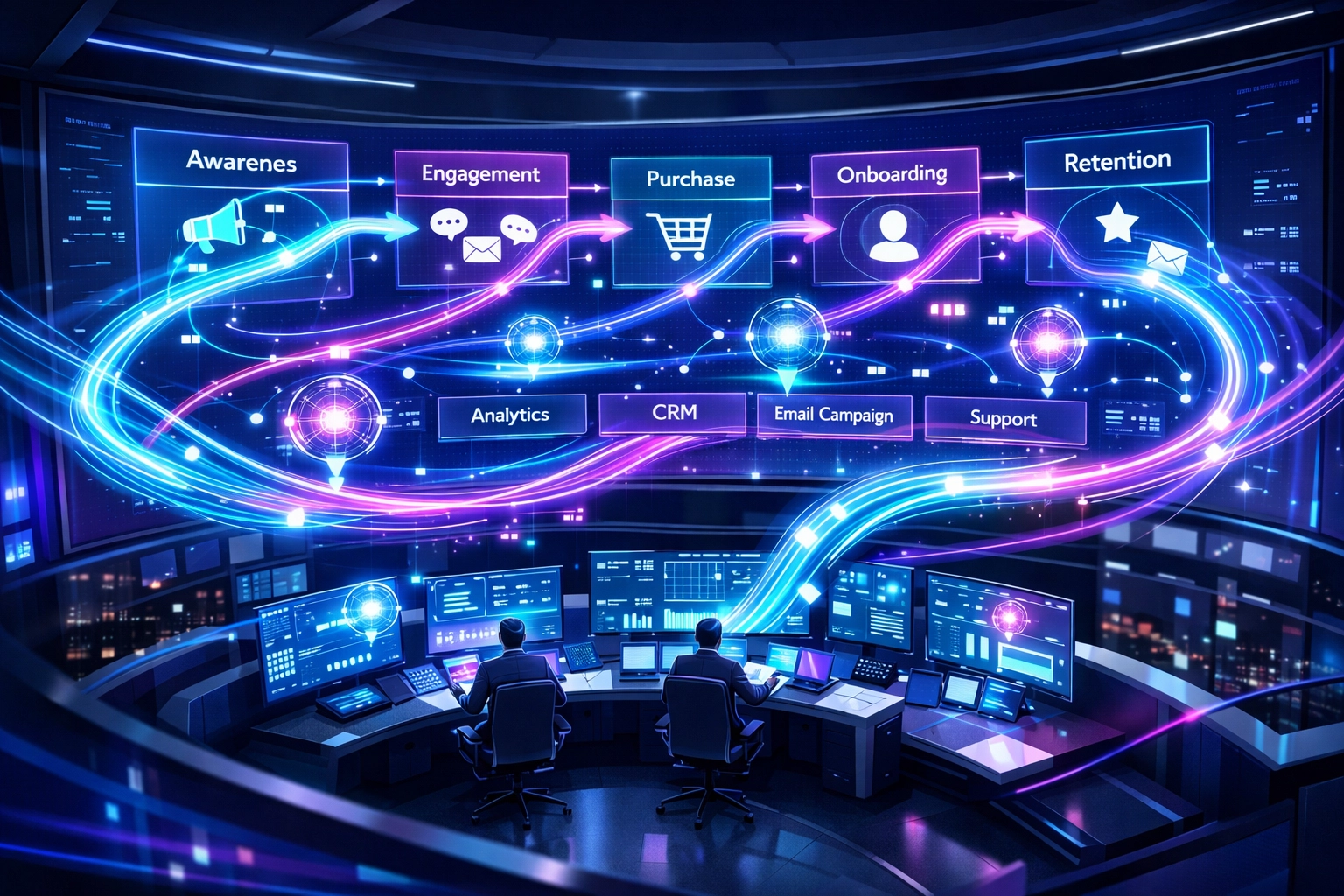 Revenue command center showing automated customer journey and orchestrated workflows