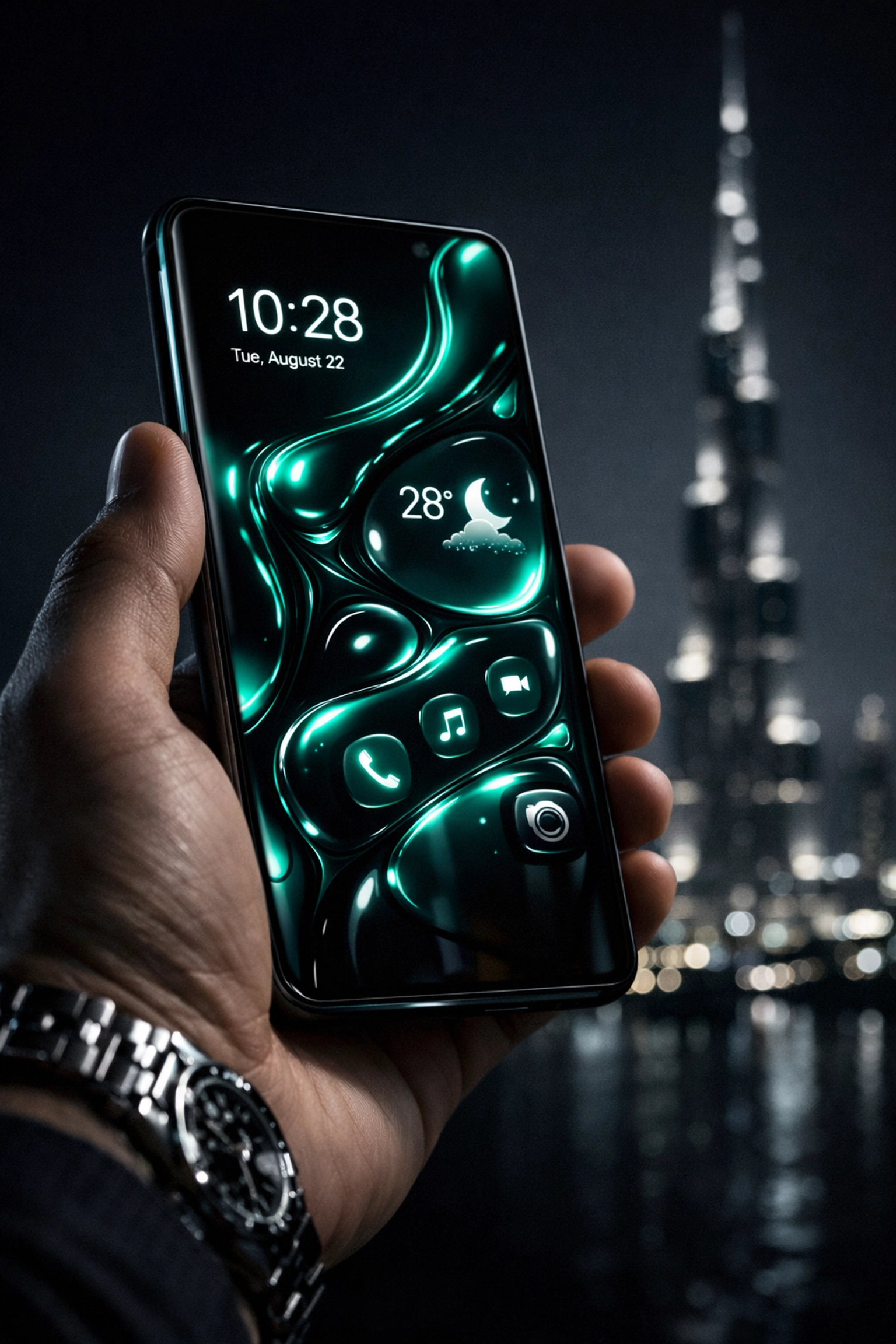 Bespoke ui ux design services shown on a luxury smartphone screen with a dark Dubai skyline backdrop.