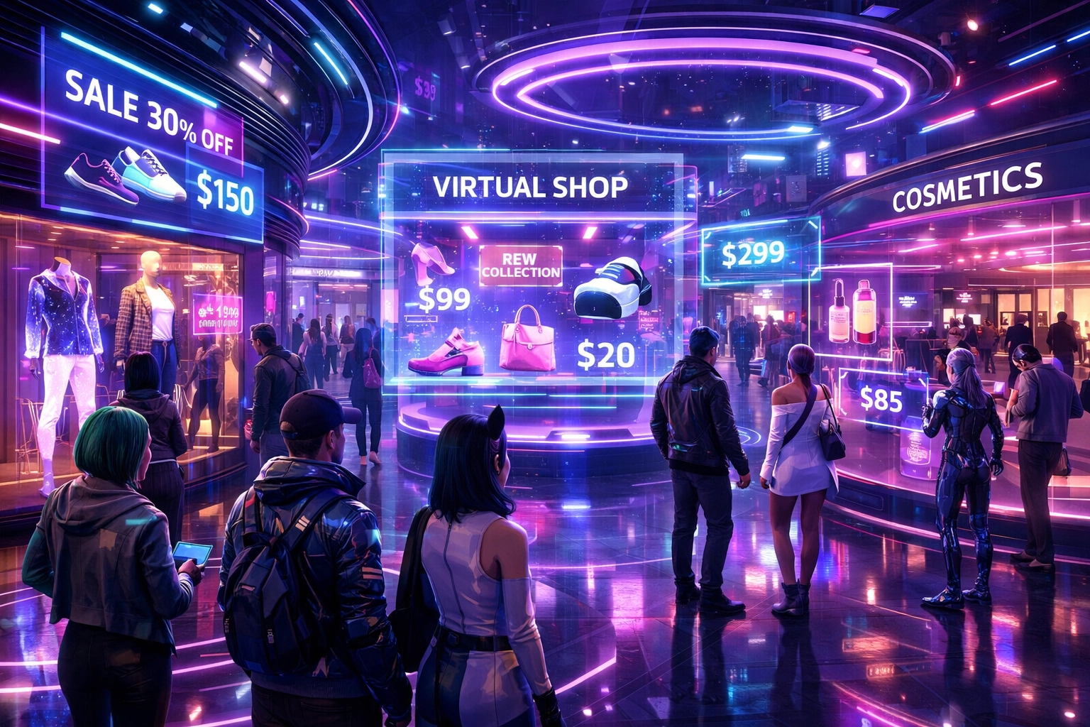 Futuristic metaverse shopping mall with avatars browsing holographic storefronts and AR product displays in 2026