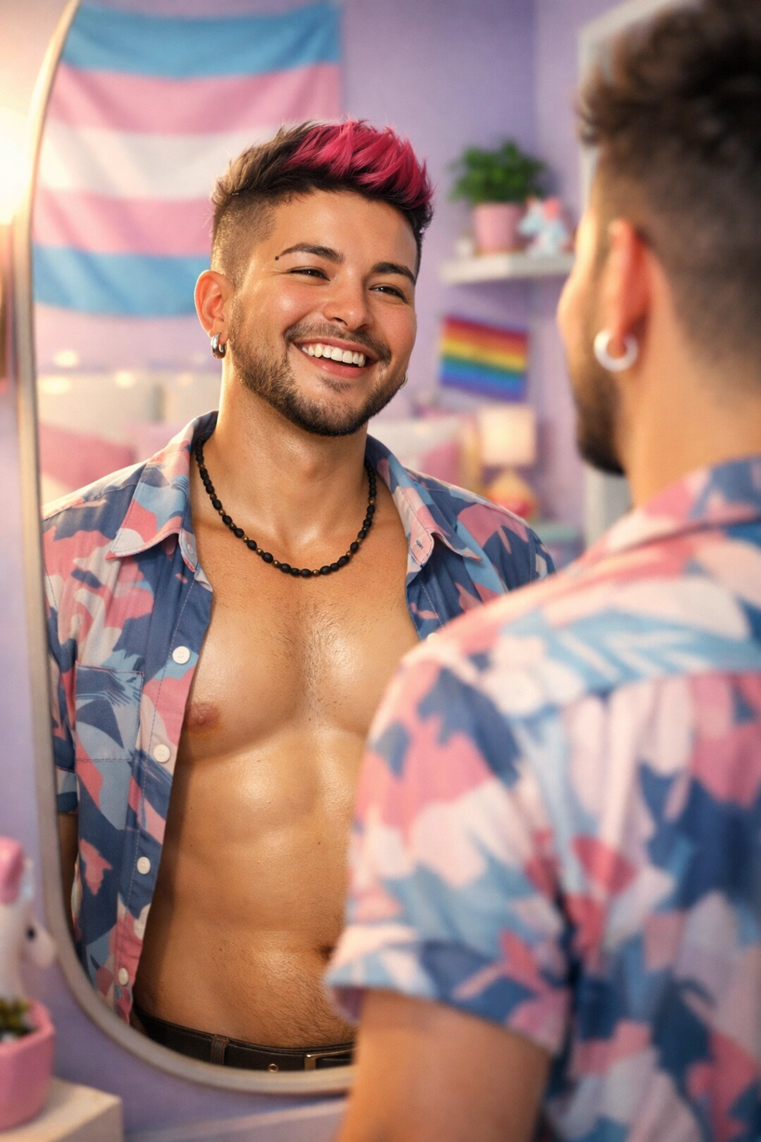 A happy trans person looking in a mirror, celebrating the milestone of gender euphoria and self-love.