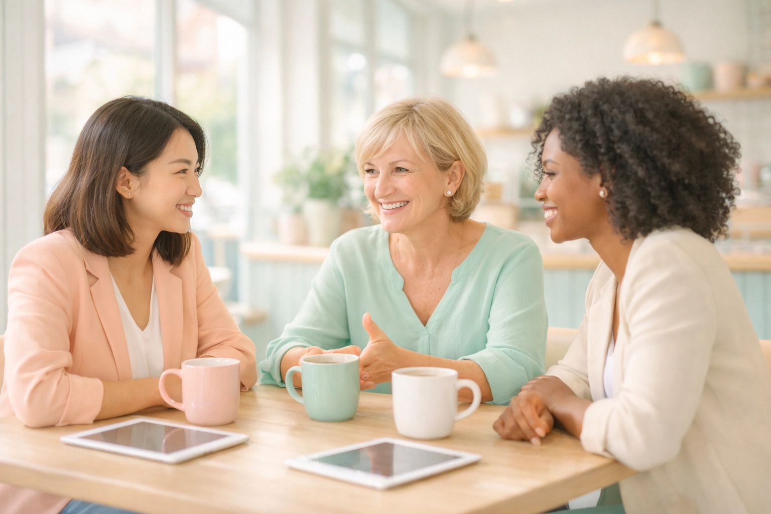 Diverse women in business networking UK, collaborating and sharing ideas in a supportive modern cafe setting.