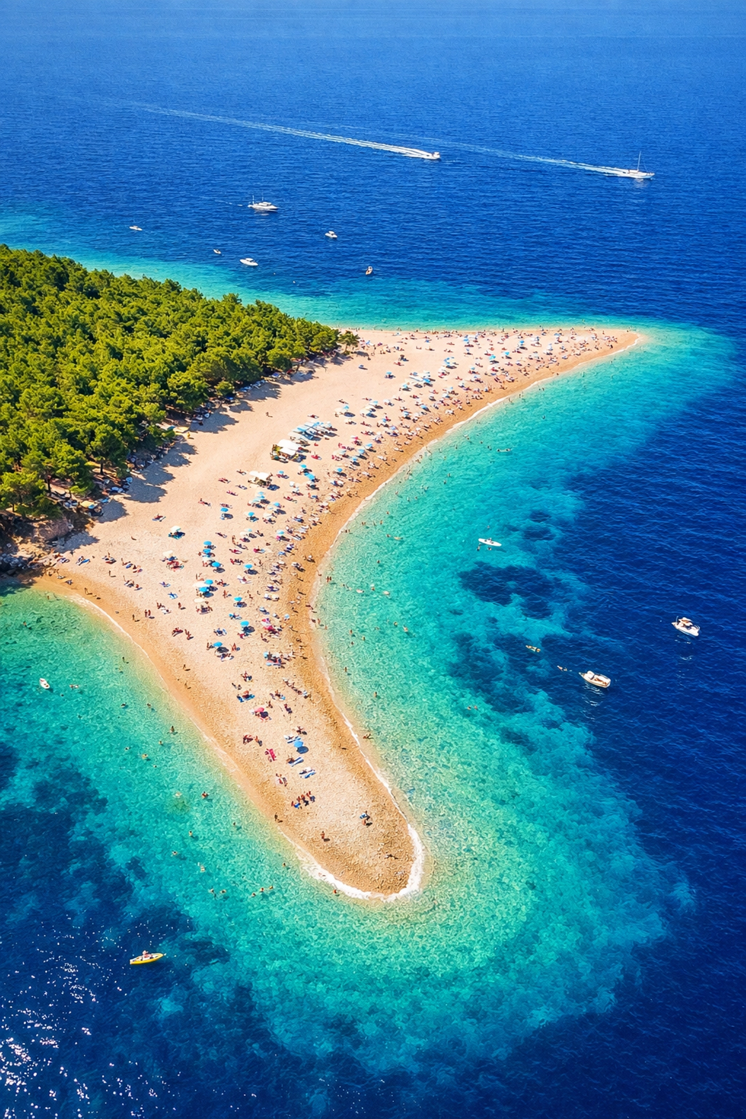 Aerial view of Zlatni Rat Golden Horn beach on Brač Island, Croatia with turquoise Adriatic waters
