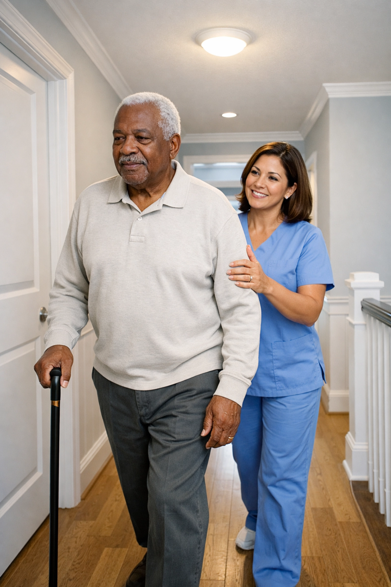 Caregiver helping senior navigate a well-lit hallway with motion-sensor lights for fall prevention at home.