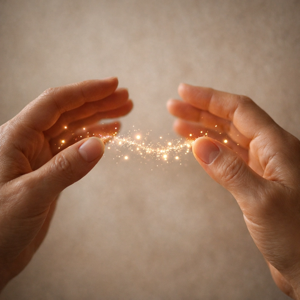 Gentle hands performing energy healing to balance frequency and support cellular repair.