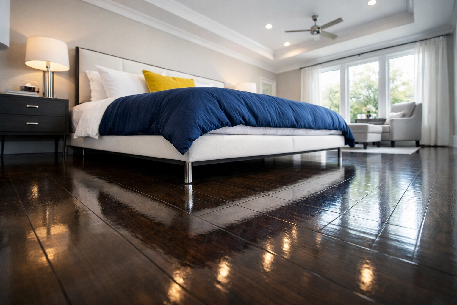 Residential spring deep clean in Natick showing immaculate floors under bedroom furniture.